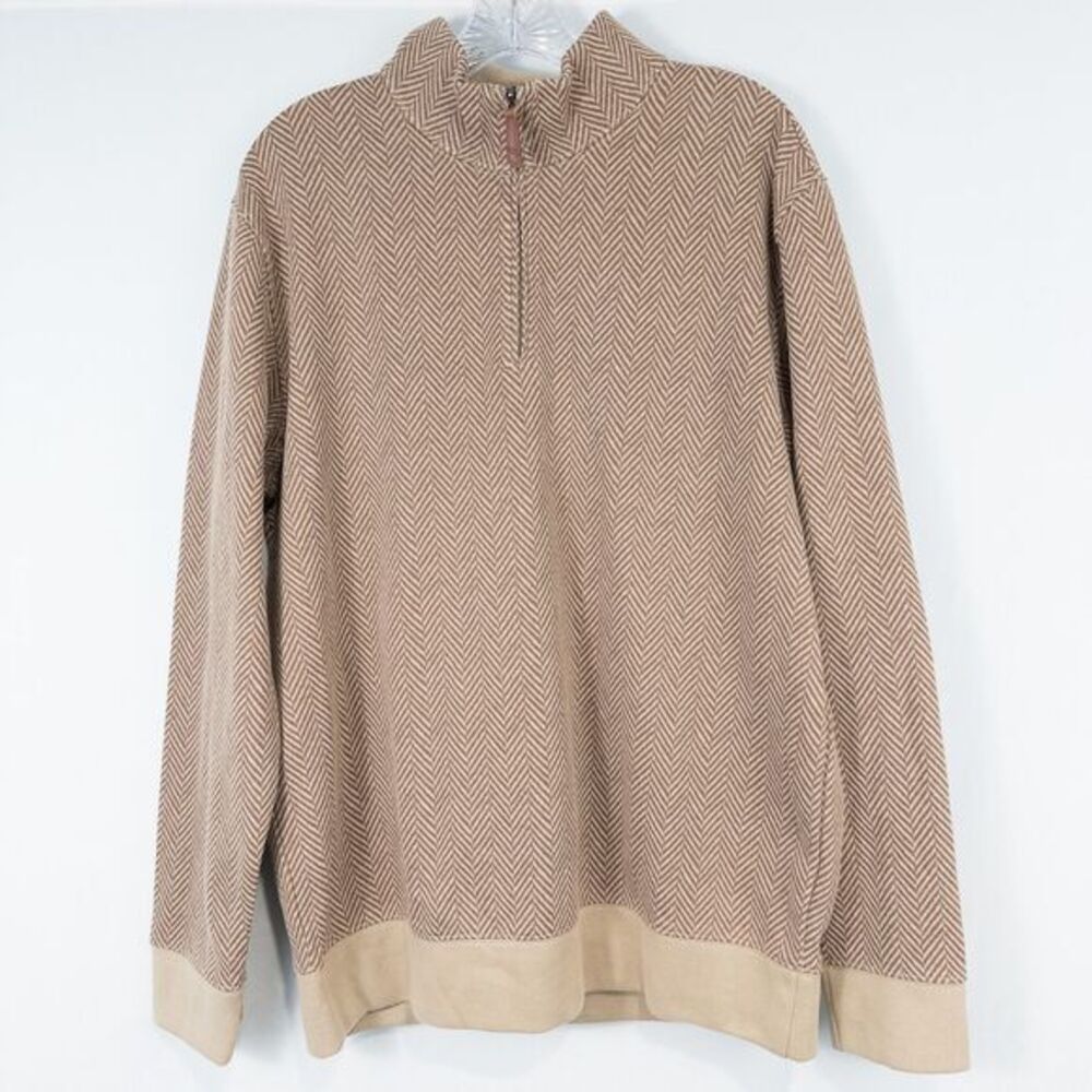 Lands End Bedford Rib Quarter Zip‎ Sweater Mens Large Tan Herringbone Academia